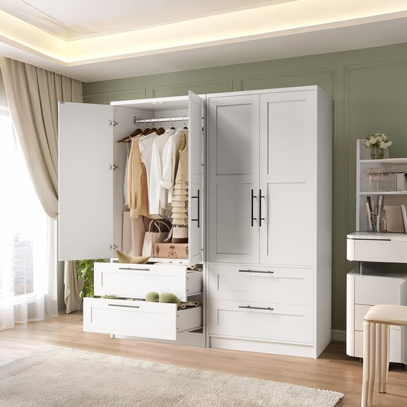 Wooden Armoire Wardrobe Closet, White 70" Tall Clothing Storage Cabinet with 2 Doors, 2 Drawers & Hanging Rods, Modern Bedroom Furniture