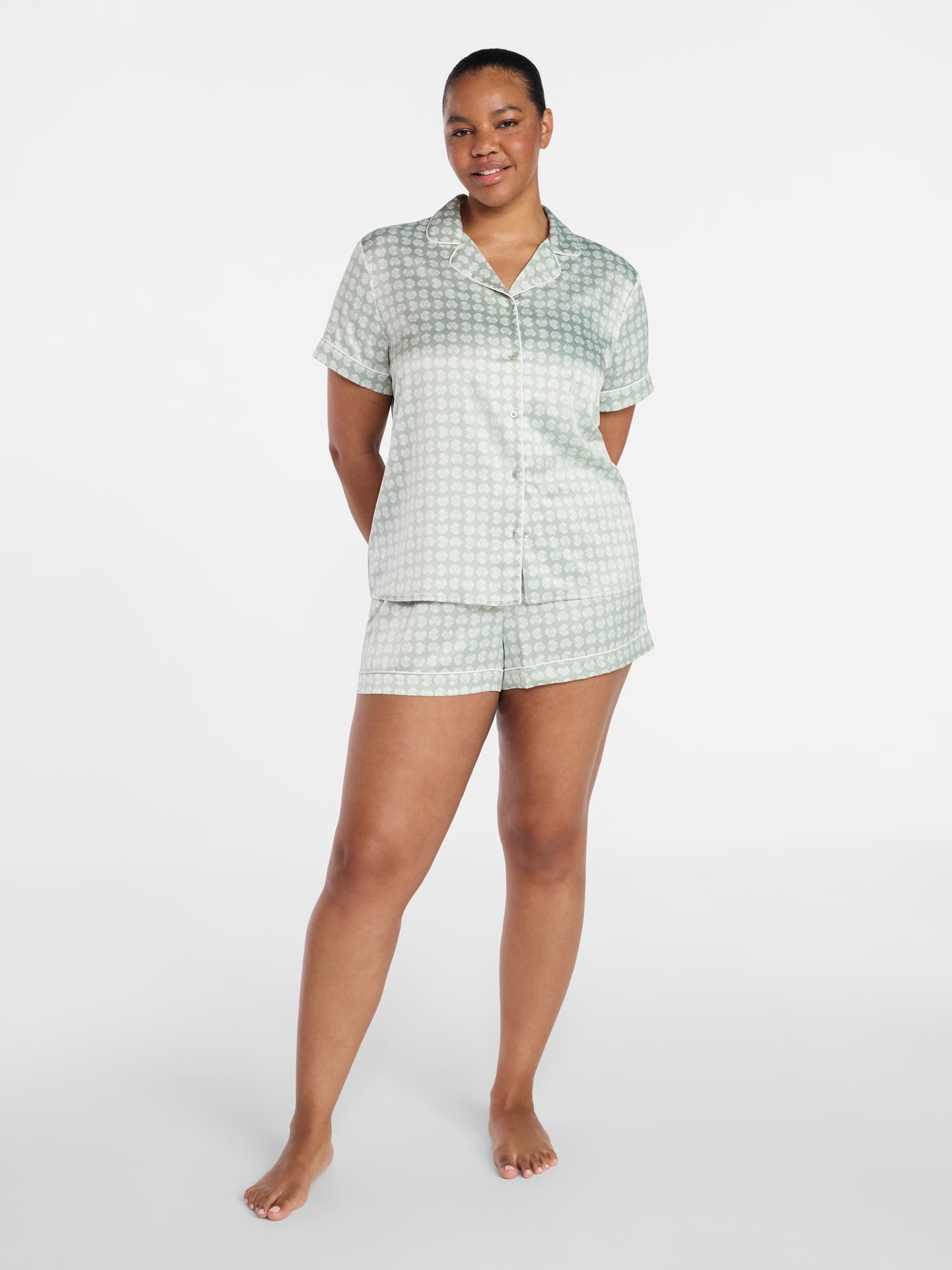 Joyspun Women’s Stretch Satin Short Sleeve Top and Shorts Pajama Set, Sizes XS-3X