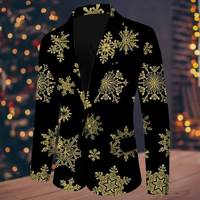 Men Christmas Snowflake Santa Printed Pocket Lapel Button Suit Jacket