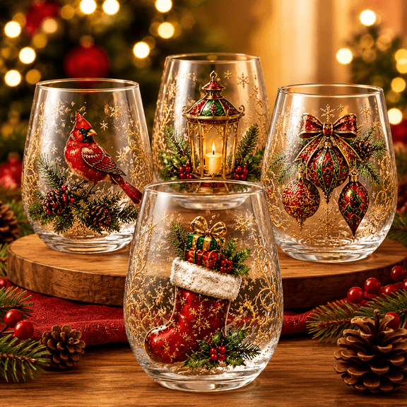3D Christmas Stemless Wine Glass, Holiday Drinking Cup with Santa, Snowman, Reindeer or Tree Design for Cocktails, Whiskey, Soda and Parties