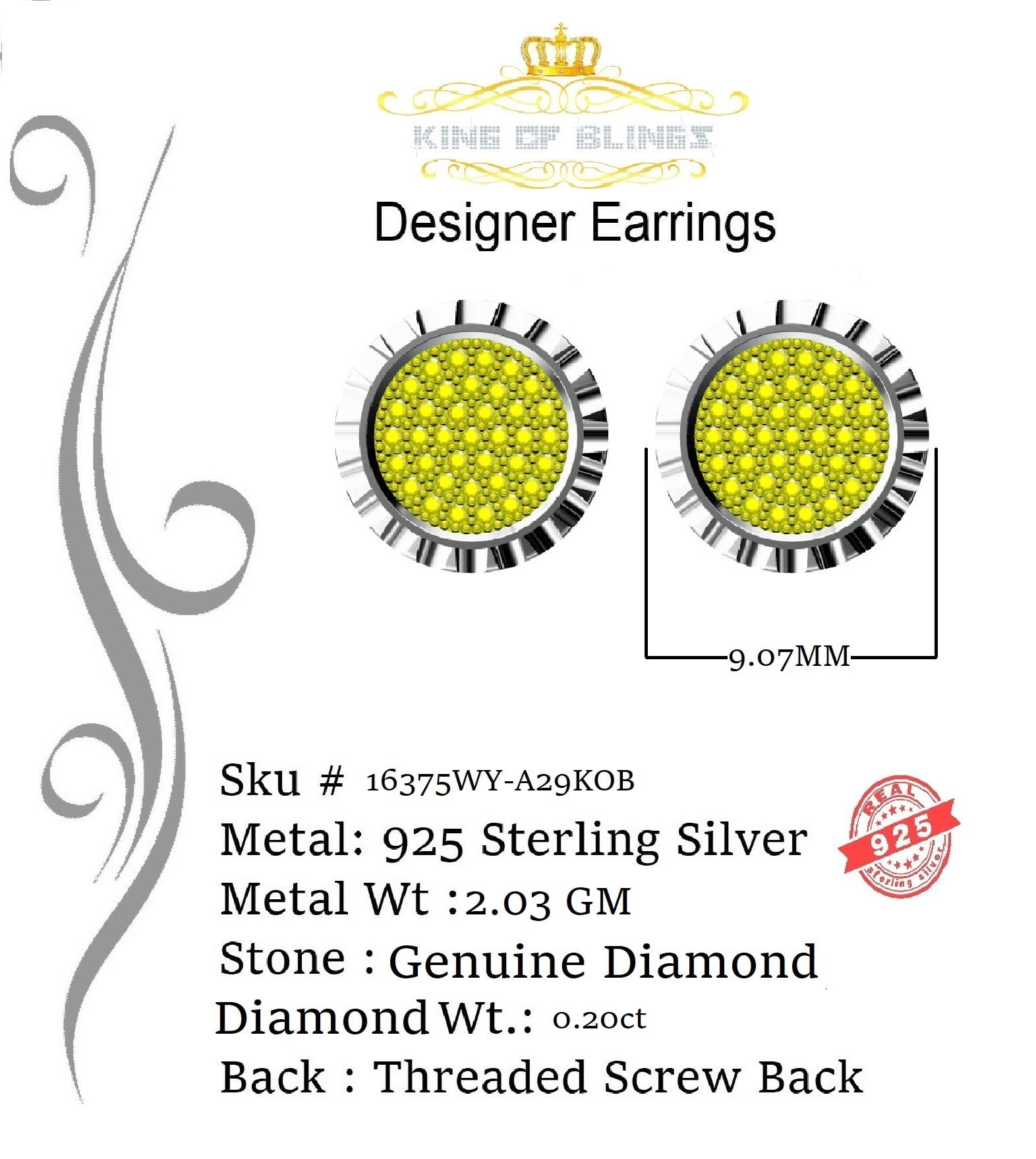 King of Bling's 0.20ct Diamond Stud Earrings For Women's White 925 Sterling Silver For Men's
