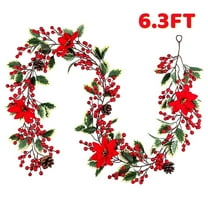 Kabuer Christmas Red Berry Garland with Pine Cones and Poinsettia Christmas Decorations for Indoor Outdoor Fireplace 6.3 Ft