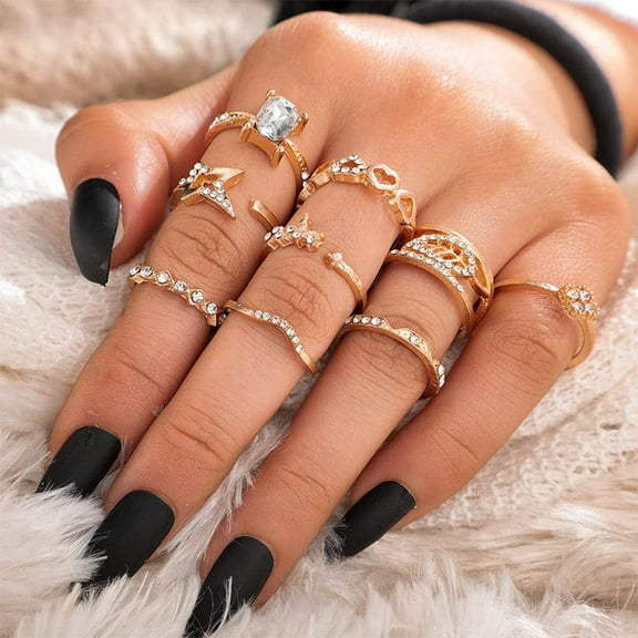 9 Pcs Bohemian Stackable Joint Knuckle Ring Set Heart Star Leaf Crystal Midi Ring Vintage Finger Rings for Women