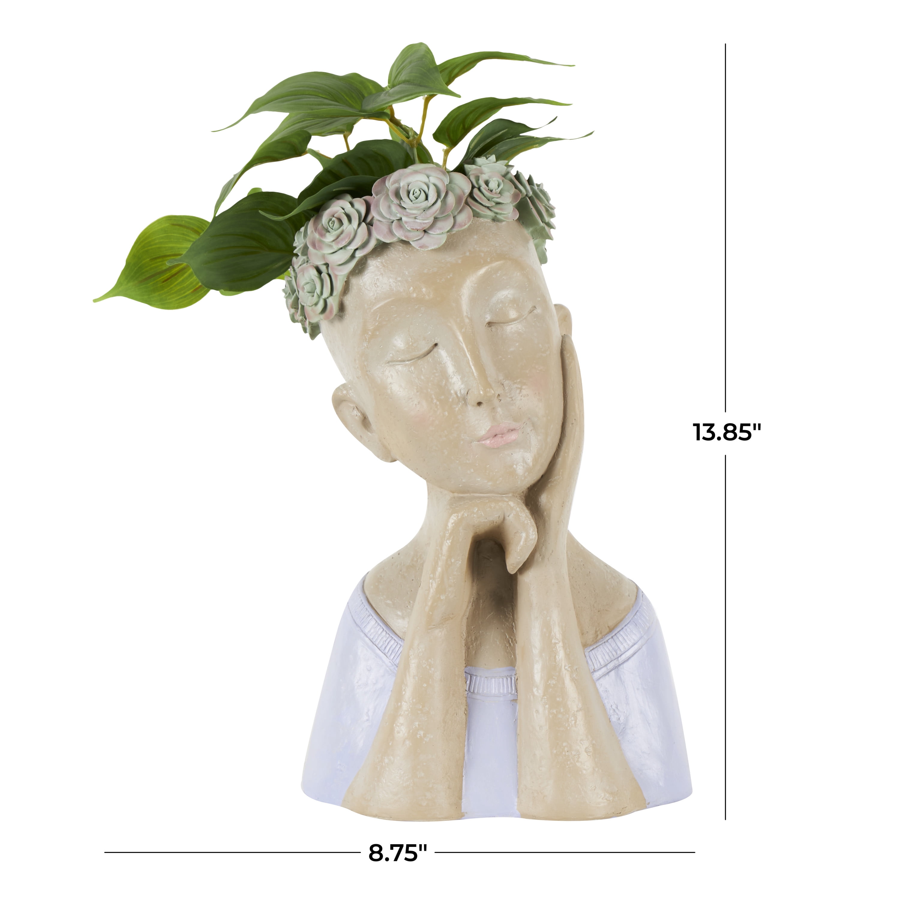 DecMode 9" x 14" Bust Beige Resin Woman Planter with Flower Crown and Blue Top