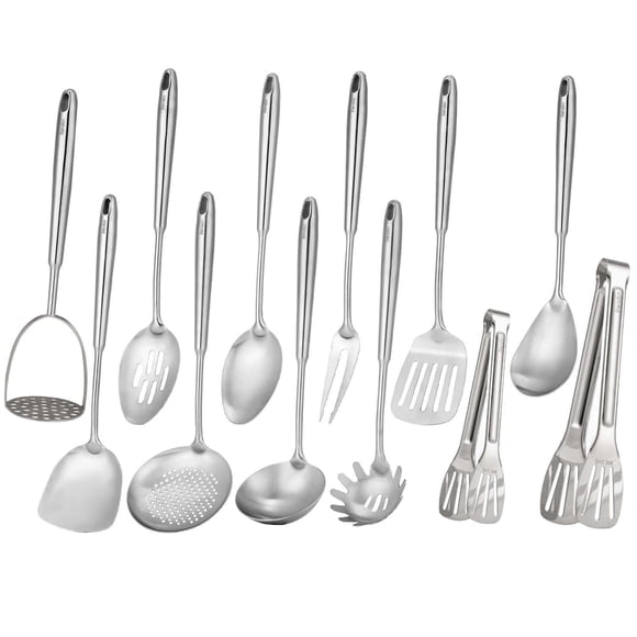 304 Stainless Steel Kitchen Utensils Set - 12 PCS Long All Metal Cooking Utensils & Large Serving Utensils - Potato Masher, Fork, Tongs, Tunner, Pasta, Serving Spoon, Skimmer,