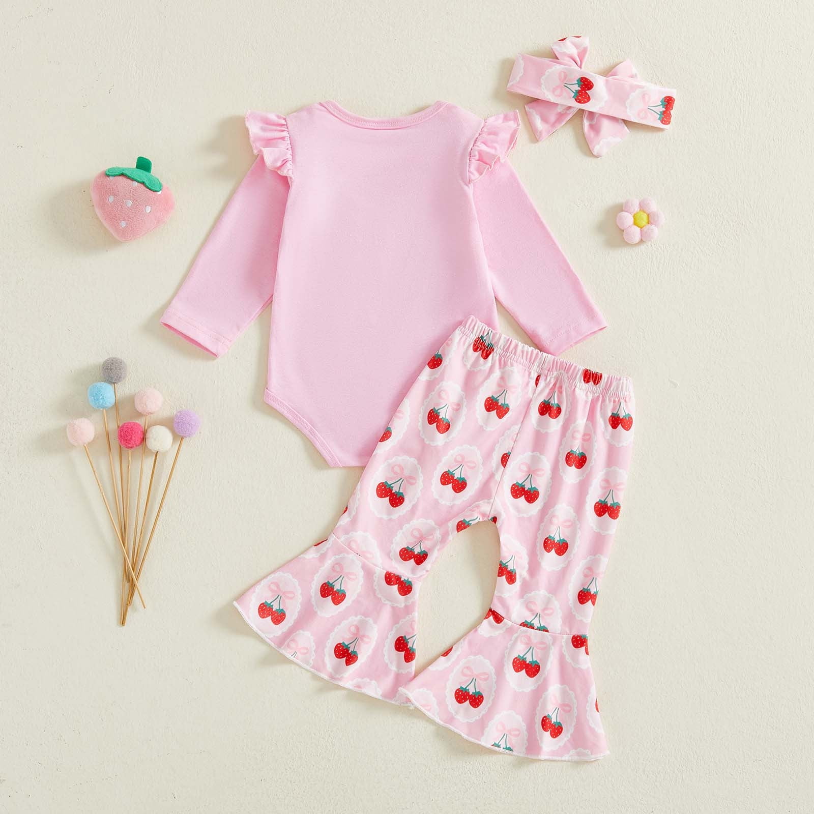 Gelikeya Baby Girl First Birthday Outfit Long Sleeve Berry Romper Strawberry Flare Pants Bow Cake Headband 3pcs Valentines Spring Fall Clothes, Pink & 6-12 Months