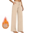 thumbnail image 2 of Lcziwo Wide Leg Yoga Pants for Women Fleece Lined Drawstring Casual Trouser Workout Fitness Work Thermal Pants with Pockets Beige,XL, 2 of 9
