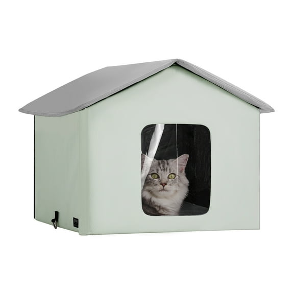 VEVOR Heated Cat House, Outdoor Kitty Shelter with Adjustable Temperature and Timer, 600D Oxford Cloth Foldable Cat Shelter with Heated Pad for Winter to Stay Warm and Cozy, Green (Middle)