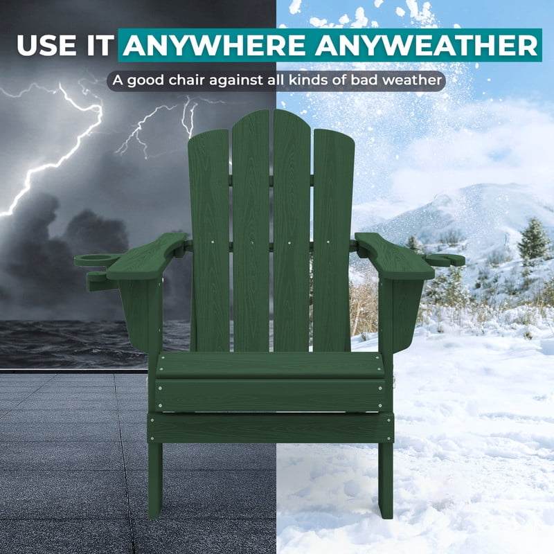 RIAFUN Outdoor Patio chair, Folding HDPE Resin Adirondack Chair with Double Cup Holder, Dark Green
