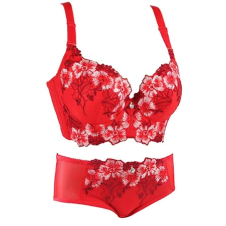 

ZXHACSJ Women Embroidered Thin Bra Suit Gathering Sexy Steel Ring Underwear Red 90C
