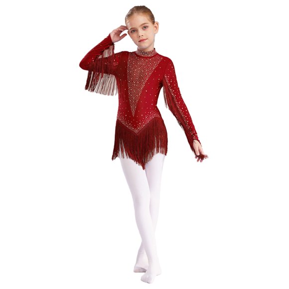 Rswnyirn Justaucorps à Franges à Paillettes Brillantes pour Filles Manches Longues Jazz Danse Latine Justaucorps Hauts Danse de Salon Bourgogne 6