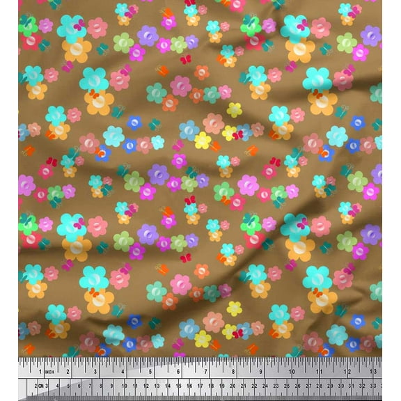 Soimoi Brown polyester Crepe Fabric Insect & Floral Clip Art Printed Craft Fabric by The Yard 42 Inch Wide