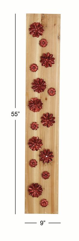 Decmode 55 X 9 Inch Natural Wood And Metal Red Petaled Flowers Rectangular Wall Decor, Metallic, Natural Wood