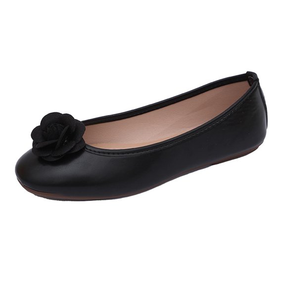 hoksml Women Round Toe Ballet Flats, Fabric Flower Decor PU Upper Slip On Casual Dress Flat Shoes