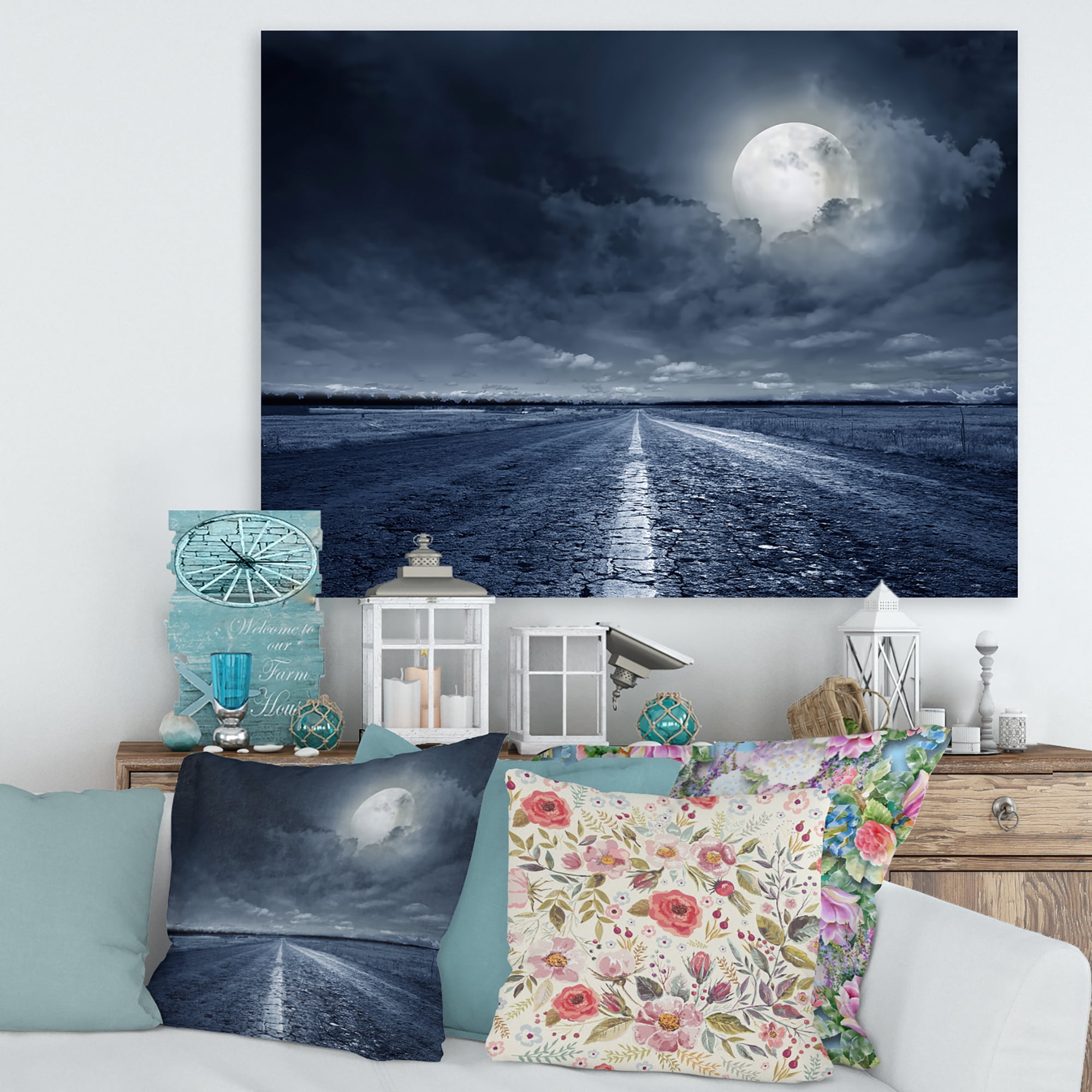 Designart ' Cloudy Full Moon Over Asphalt Road I ' Nautical & Coastal Canvas Wall Art Print