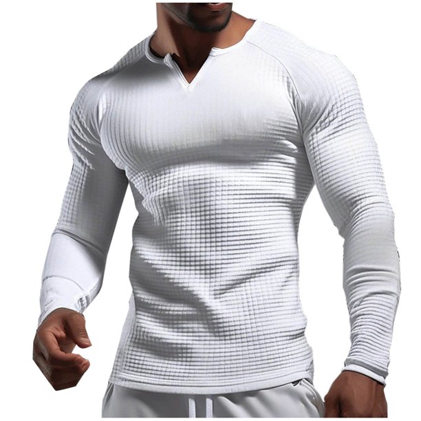 Blusas y camisas de manga larga con cuello en V para hombre, estilo casual, de color liso, con empalme, de manga larga y cuello en V, de poliéster y algodón.