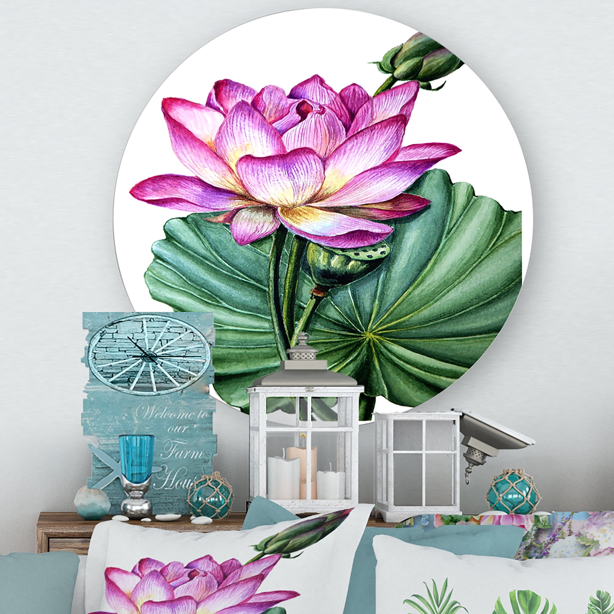 Designart 'Ancient Pink Lotuses In The Pond VI' Traditional Circle Metal Wall Art 11x11 - Disc of 11