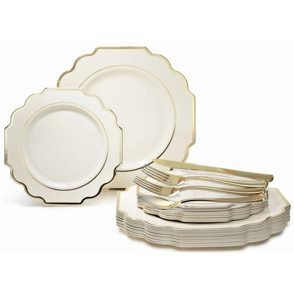 " OCCASIONS " 720 Pcs set (120 guest) Wedding Disposable Plastic Plate and Silverware Combo 10.5"   8"   Silverware (Double Fork) (Imperial in Ivory & Gold Rim, Gold Silverware)