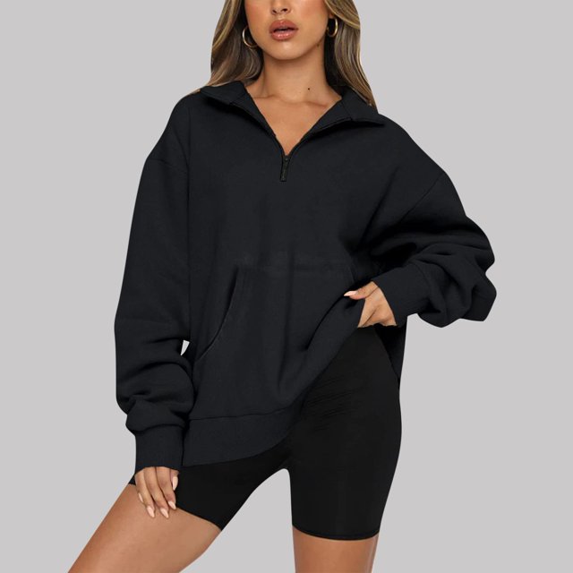 Puntoco Mujer Moda Casual Cremallera Sólida Turn-Down Collar Manga Larga Sudadera tops Blusa con Bolsillo Puntoco Puntoco-441