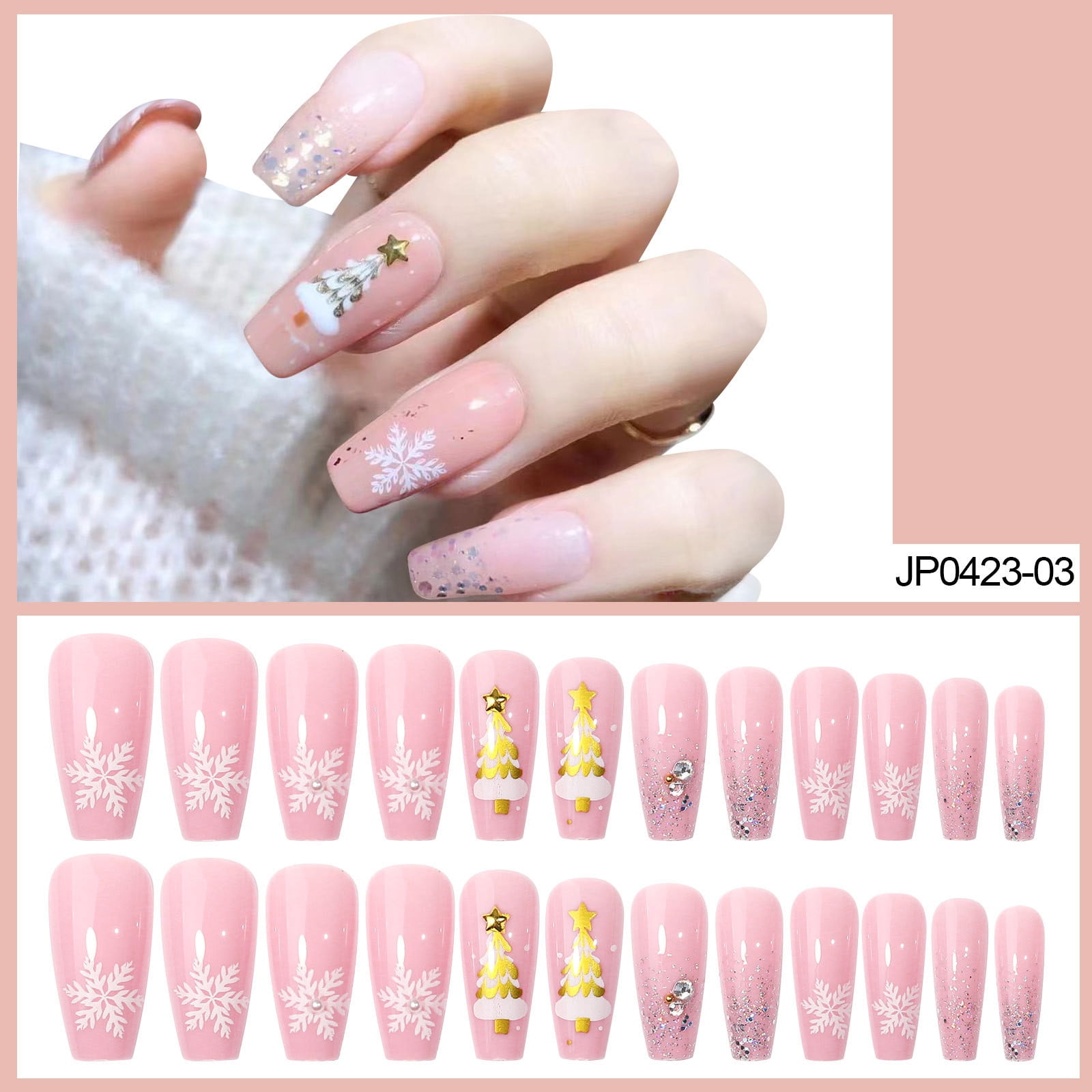 Huiniadese Fake Nails Christmas Snowflake Fake Nail Patch Finished Press Nail  Tape Jelly Glue Ladies And Girls 