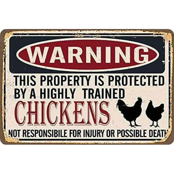 Funny Chicken Coop Sign - "Warning: Property Protected by Chickens" Decorative Metal Sign for Farm, Home, or Garden 12" x 8"