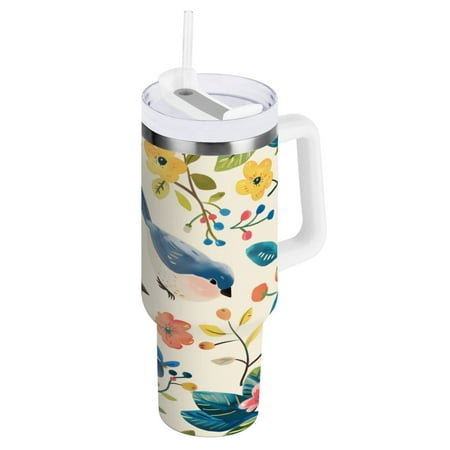 

40 Oz Car Handle Water Cup 10.8x3.85 Inch Stainless Steel Water Cup With Handle Water Cup Car Water Cup Travel Coffee Cup Flowers and Birds