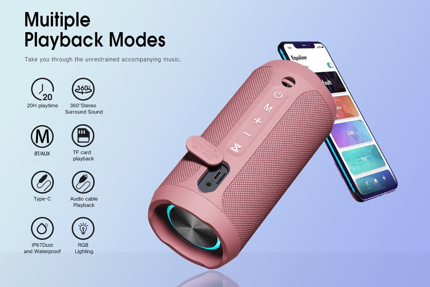 EDUPLINK Bluetooth Portable Speaker, Waterproof, Pink, M6, New