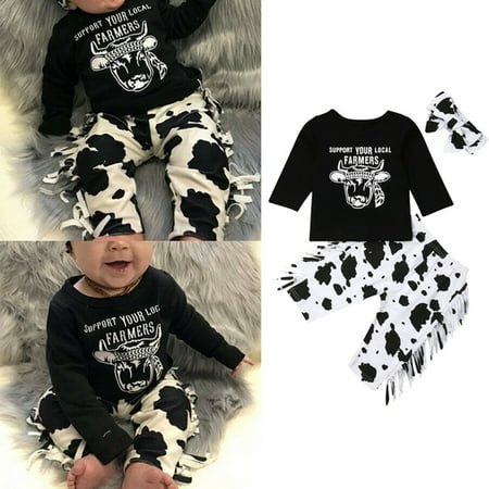Newborn Toddler Baby Girl Boy Cow Tops Tassels Long Pants 3PCS Outfit Clothes