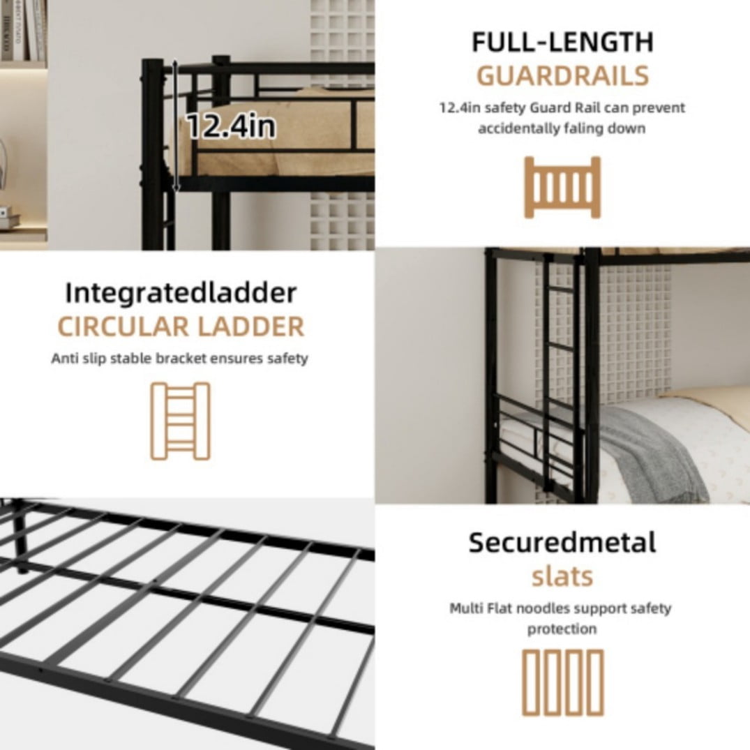 Twin Triple Bunk Bed, 3-in-1 Convertible Metal Bunk Bed Frame, Space-Saving Design with Guardrails & Ladder, Heavy-Duty Iron, Black