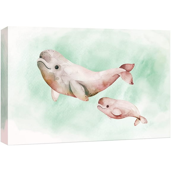 wall26 Canvas Print Wall Art Watercolor Red, Green & White Beluga Whales Animals Marine Life Illustrations Realism Nautical Scenic Relax/Calm Multicolor for Living Room, Bedroom, Office - 16"