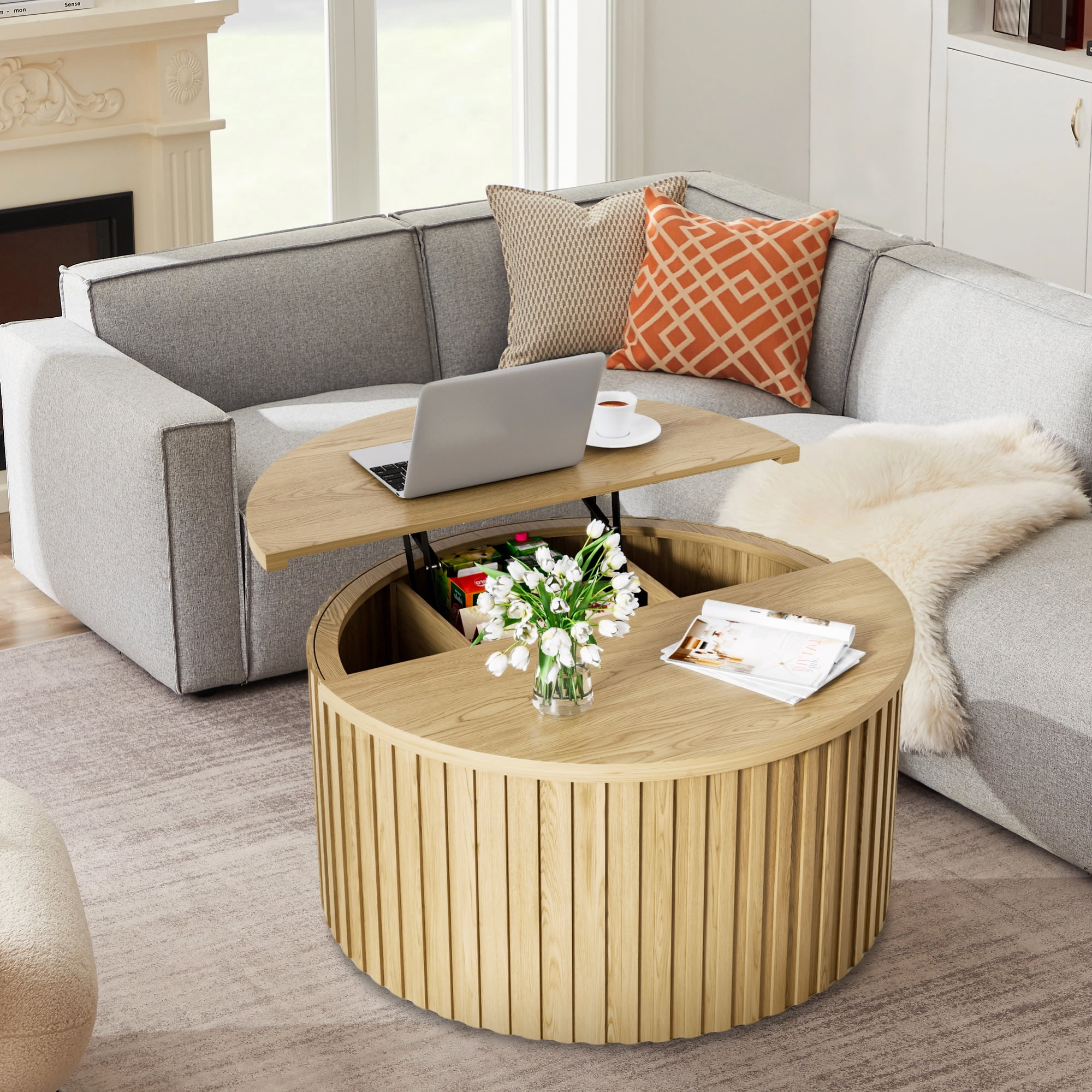 Round Coffee Tables for Living Room, Lift Top Coffee Table with Storage, Circle Center Table for Office, Wood Color