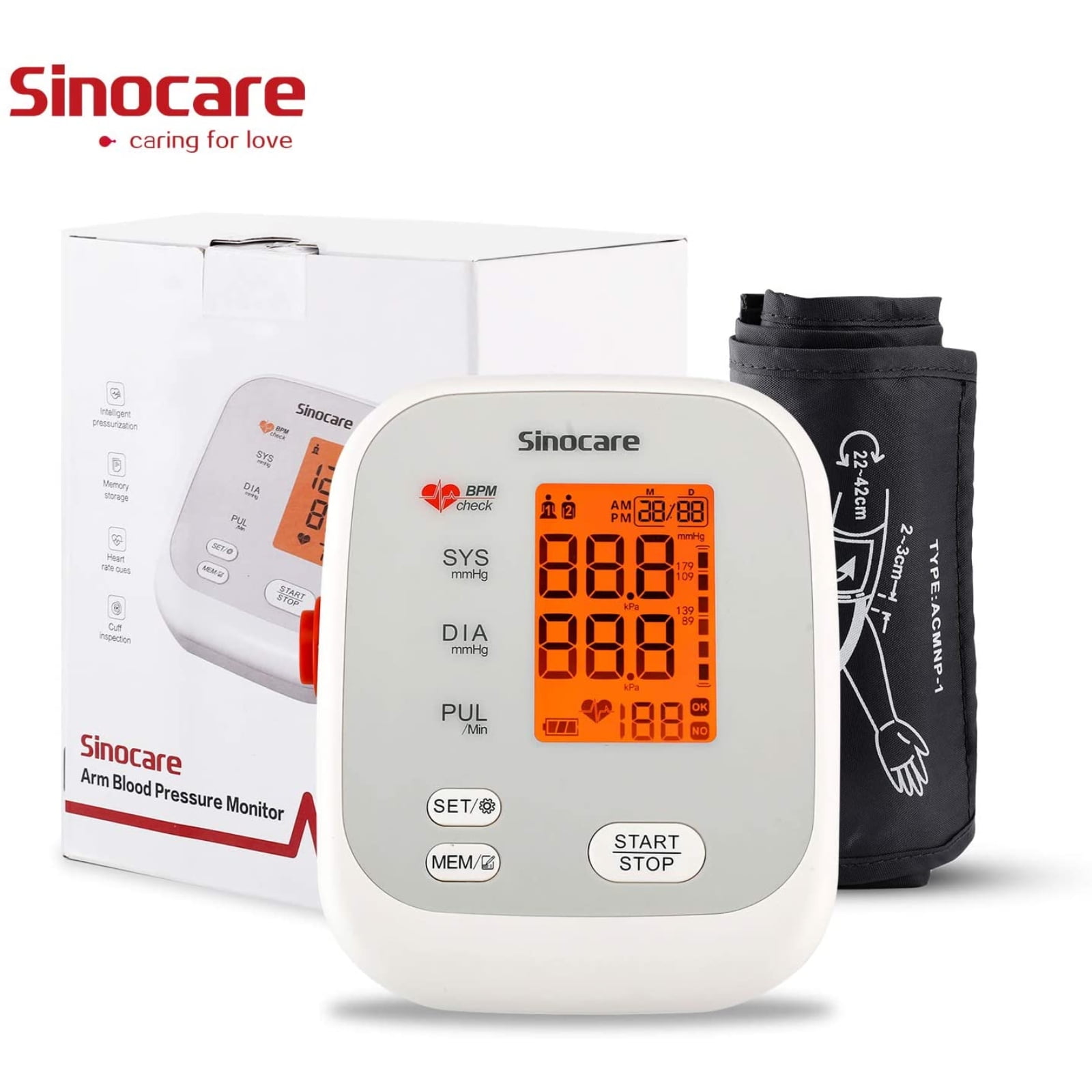  Blood Pressure Monitor Upper Arm, Smilecare Automatic Arm Blood  Pressure Monitors，Accurate BP & Pulse Rate Monitoring Meter with Adjustable  Wide Cuff 22-42cm, Middle Size Warm Backlit Display : Health & Household