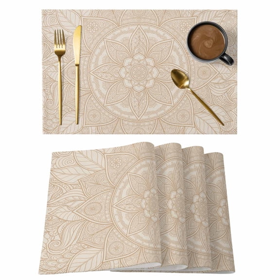Beige Flowers Placemats Set of 6 Boho Vintage Ethnic Floral Geometric Place Mats Indoor Wipeable Table Mats Washable Cloth Dining Table Placemats for Kitchen Holiday Party Home Decor 13x19 Inch