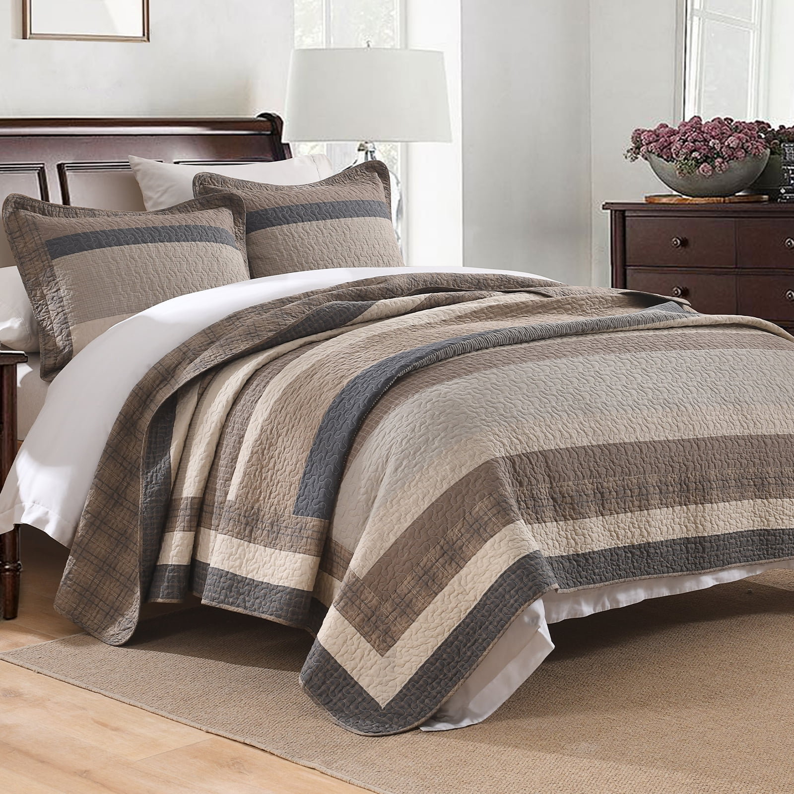 Bedduvit Striped 100% Organic Cotton Quilt - Queen Size Quilt Set, Brown Black Beige Farmhouse Cottage Bedspread for Queen Bed, Lightweight Modern Unisex All-Season 3-Piece Comforter Set, 98"x90"