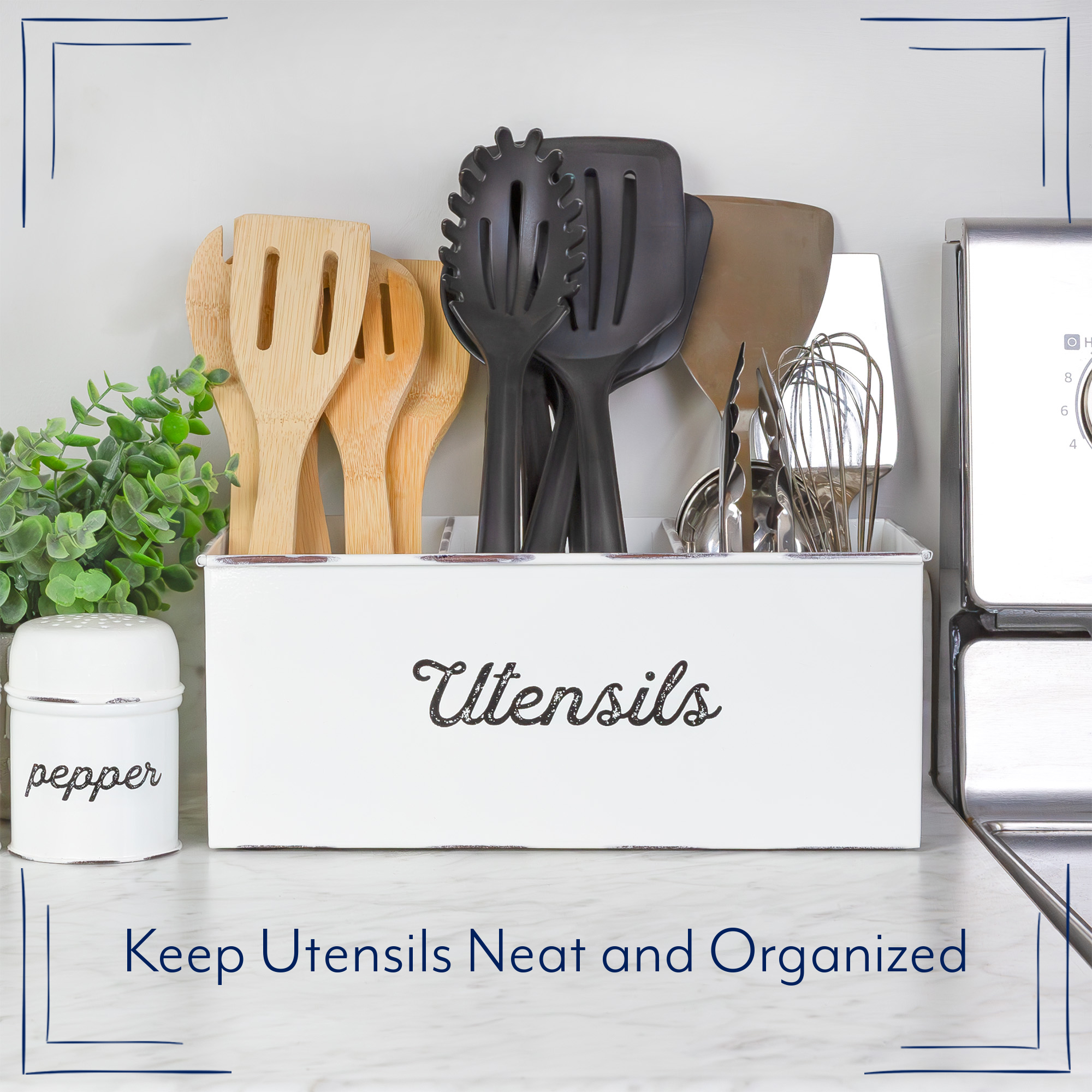 AuldHome Design Large Enamelware Utensil Holder, White Farmhouse Cooking Caddy or Spoons/Forks/Knives Storage for Countertop and Table