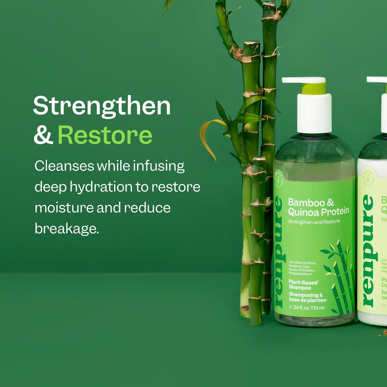 Renpure Bamboo & Shampooing quinoa, à base de plantes - Restaure, Hydrate et renforce pour des cheveux plus sains - Pour les cheveux faibles, ternes et abîmés - 24 Fl Oz