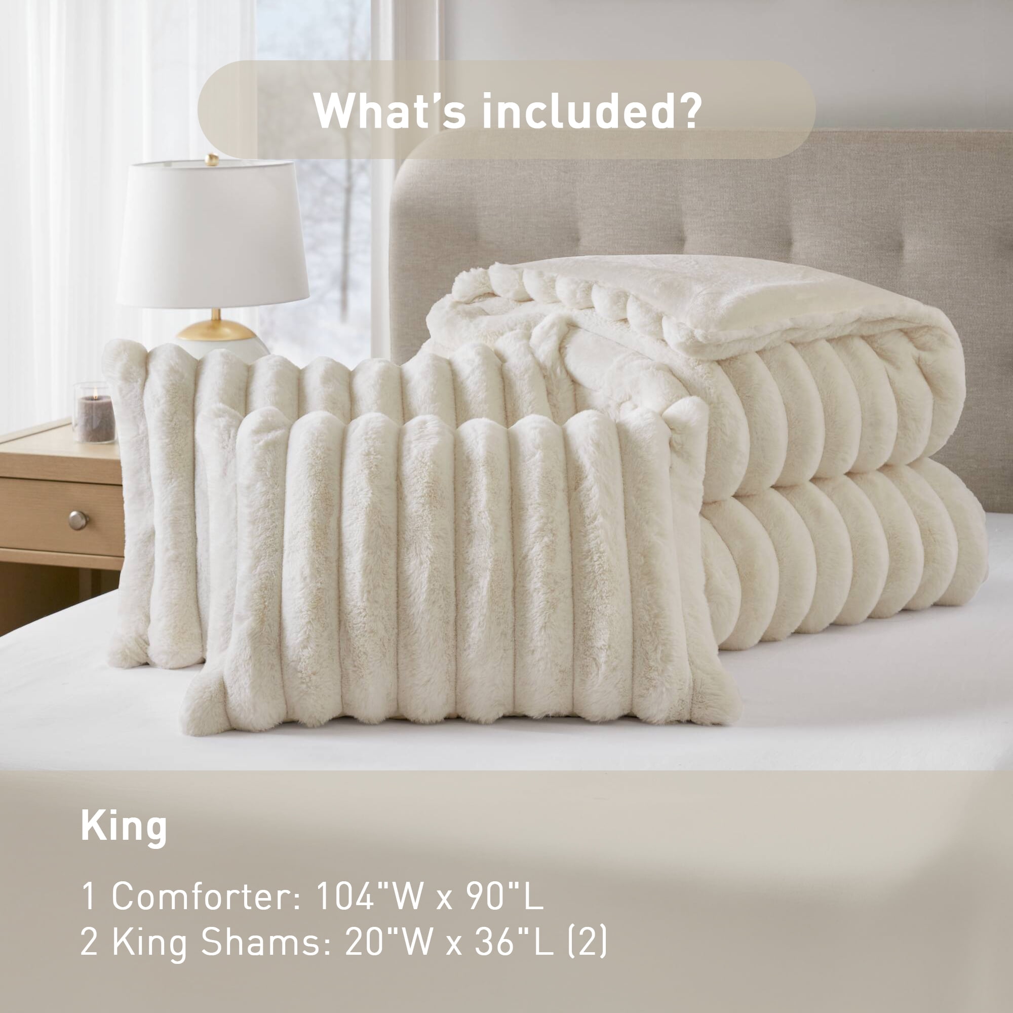 Regency Heights King Size Comforter Sets, Ivory Fluffy Ribbed Plush Bedding Set, 3-Piece Faux Fur Ribbed Bedding Comforter Set