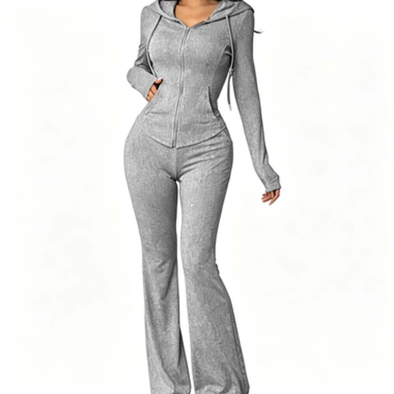 Womens 2 Piece Outfits Athleisure Sets Ribbed Long Sleeve Zip Up Hoodie and Flare Pants Matching Sets Bodycon Workout Tracksuit Casual Going Out Outfits