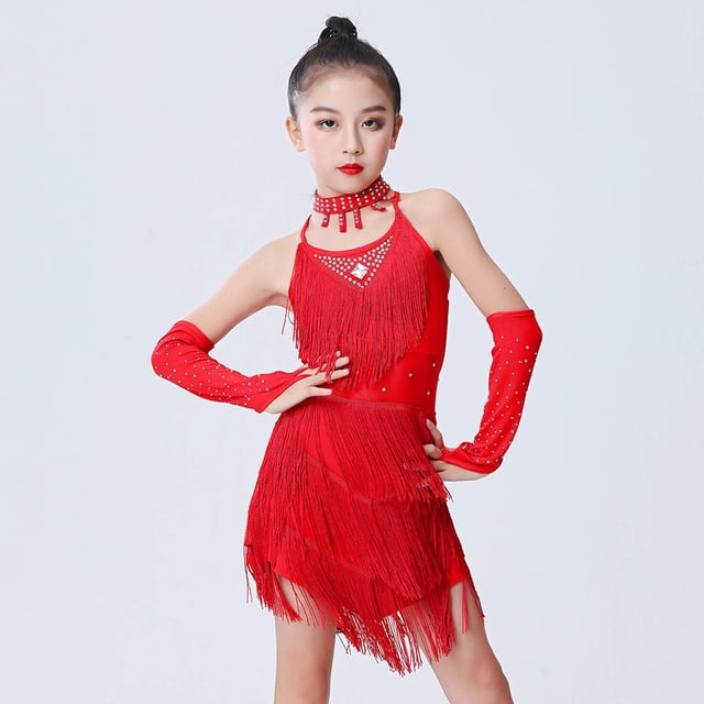 Ensemble pour Enfants Jupe à Franges à Strass Jupe de Danse à Paillettes Jupe de Danse Latine Robe de Performance de Festival Robe de Compétition Robe à Franges Ensemble de 4 Pcs Robes de Noël pour Filles Taille 12-14 Robe de Fête