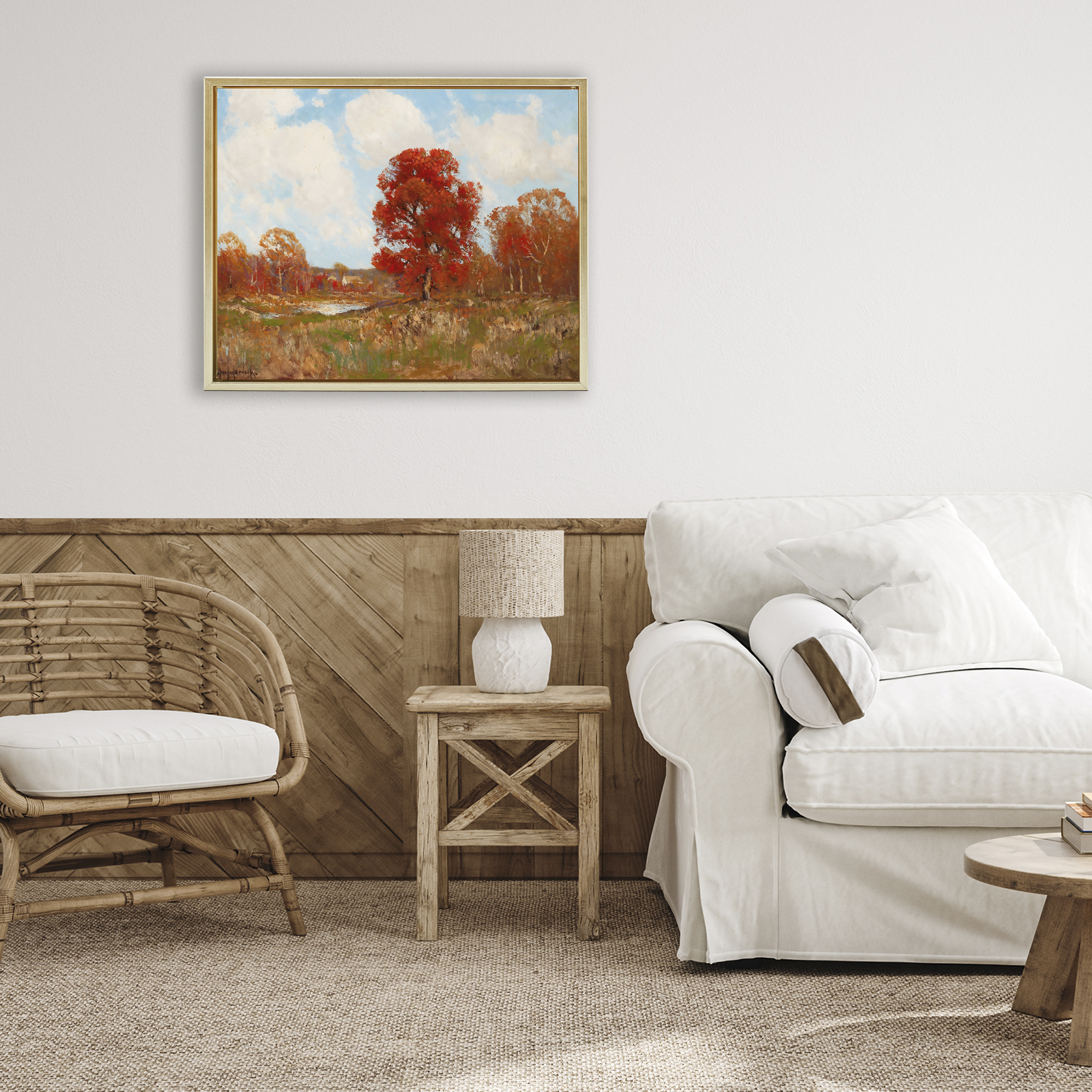 Fall Landscape with Red Foliage Gold Framed Floater Canvas Wall Art, design by Arlington Prints