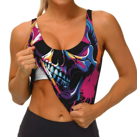 Qokaie Colorful Skull Pattern Womens Scoop Neck Sports Bra Breathable Workout Vest Padded U Back Medium Impact Fitness Gym Yoga Bra Workout Crop Top