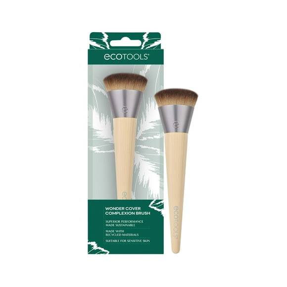 Brocha Wonder Cover Complexion de Ecotools, para una aplicación y difuminación impecables de la base, cobertura total, ecológica, cerdas sintéticas, sin crueldad animal, 1 unidad