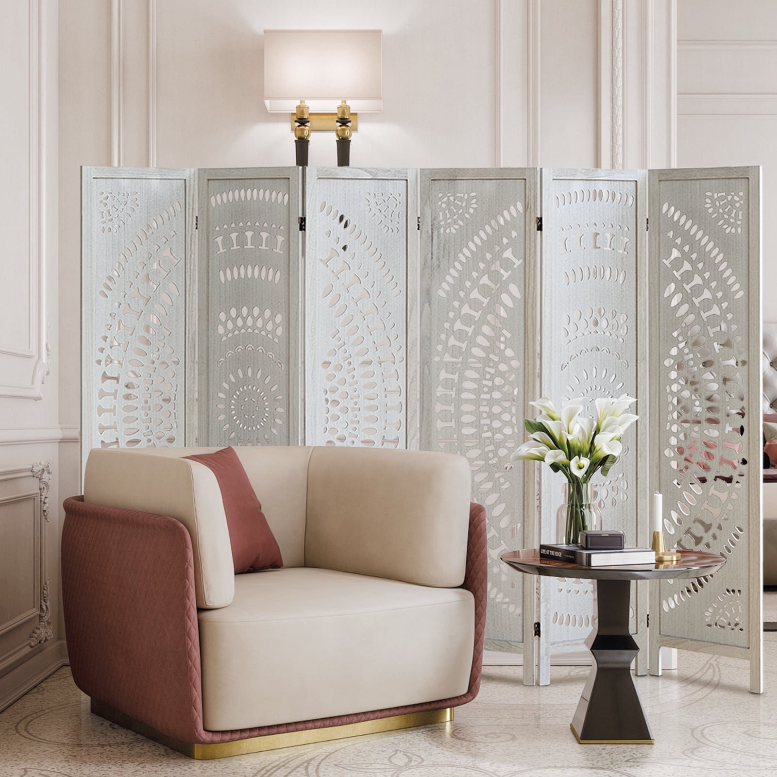 Aletheiawu 6 Panel Wood Carved Boho Room Dividers and Folding Screens, Freestanding Partition Wall Dividers for Home Bedroom Office, White