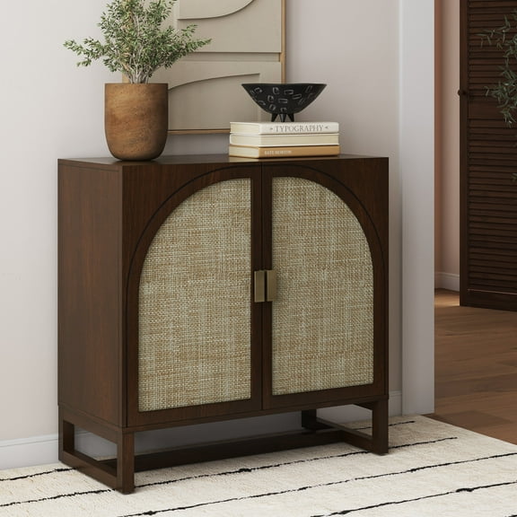 Nathan James Paxton Boho Wood Storage Cabinet with Doors, Small Storage Cabinet for Living Room or Kitchen with Rattan Door Details, Dark Walnut