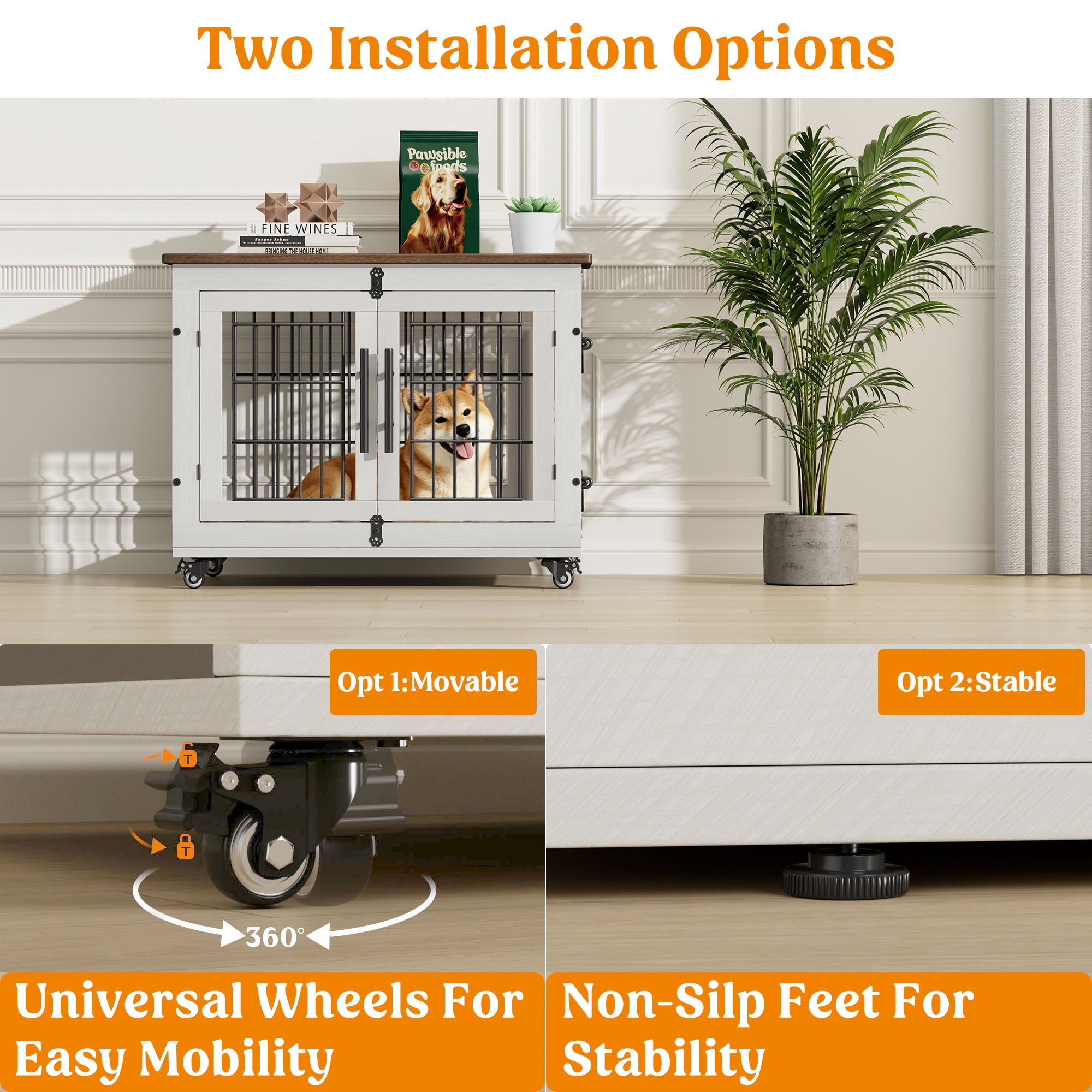 GIKPAL 32-Inch Dog Crate with Pads, 2-Door Heavy-Duty Indoor Wooden Dog Cage on Wheels for Small to Medium Dogs up to 45 lbs,White