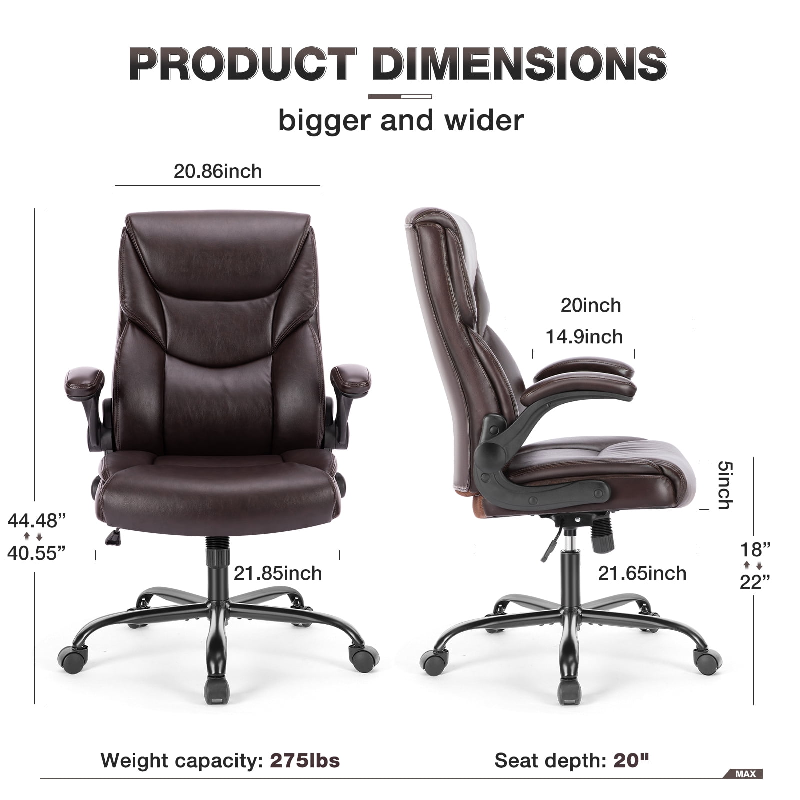 GIANNA Ergonomic Office Chair with Adjustable Flip-up Armrest, Strong Metal Base, PU Leather, Brown