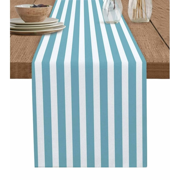 Hokiten Table Runners 72 Inches Long Dress Scarves, Aqua Striped Farmhouse Kitchen/Dining Table Runner, Coffee Tablerunners, Modern Farmhouse Blue White Stripes 14x72 Inch