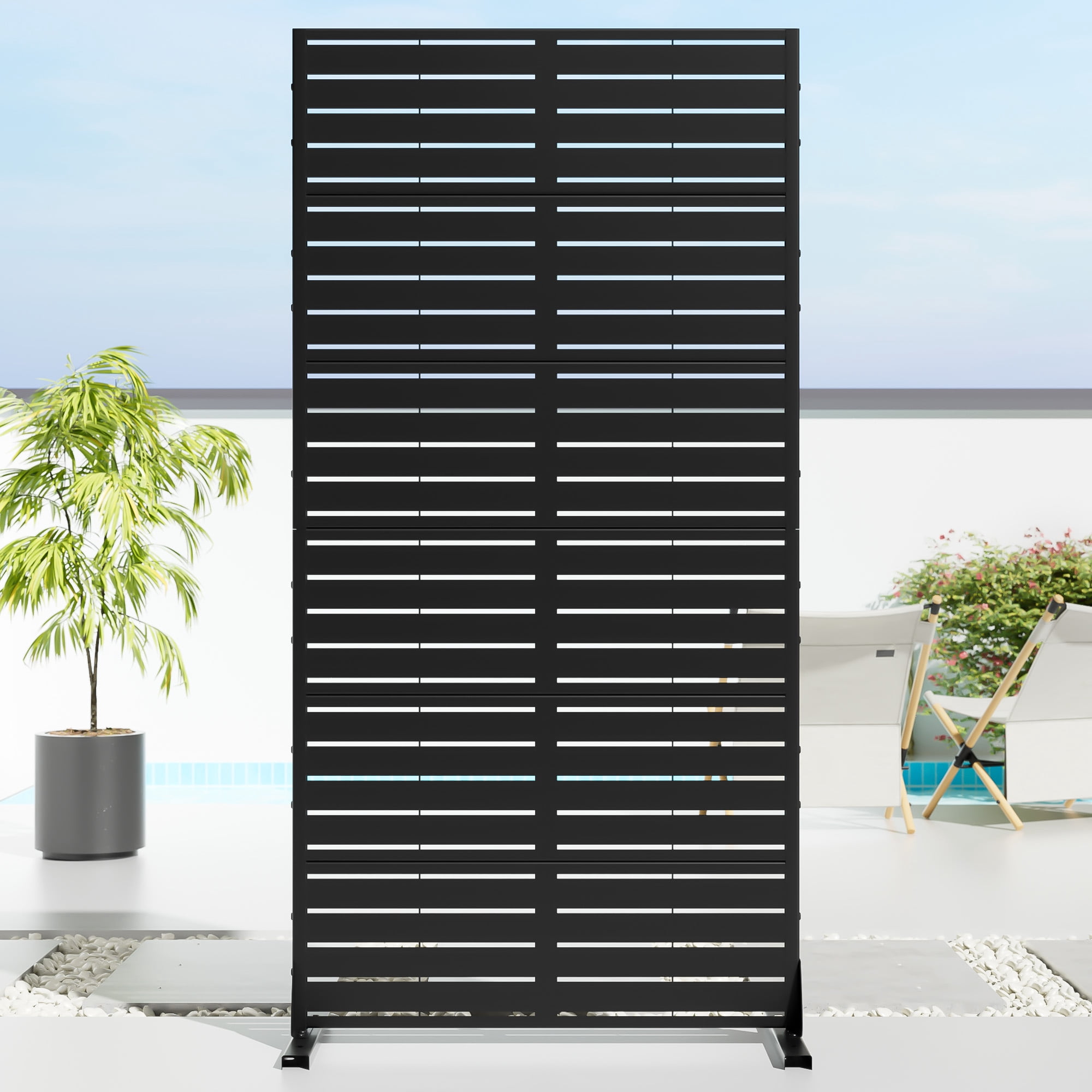 MAYEERTY 72 × 35in Outdoor Privacy Screen with Stand Metal Balcony Decorative Screen, Black