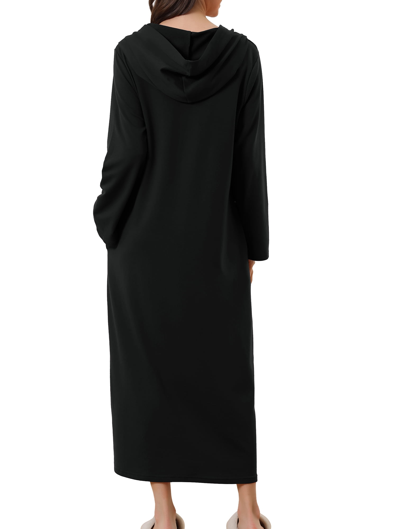 Unique Bargains Womens Robe Zip up Hooded House Dress Nightshirt Hoodie Long Bathrobe M Black