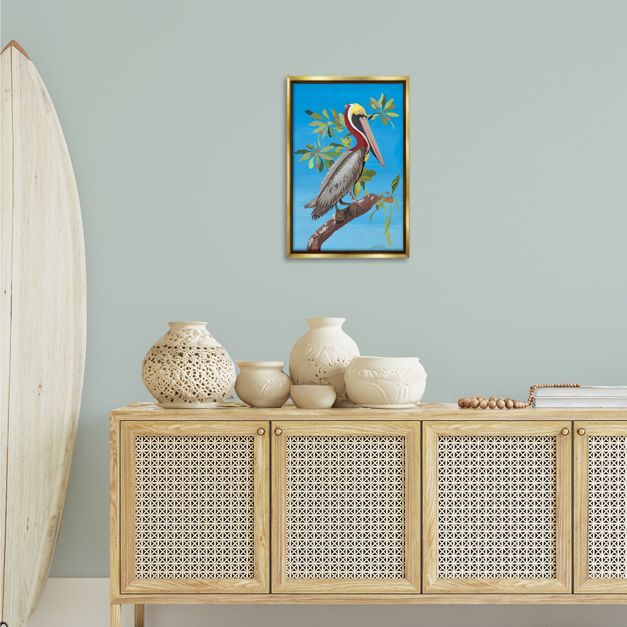 Stupell Industries Brown Pelican on Tree Animals & Insects Painting Gold Floater Framed Canvas Art Print Wall Art, 17 x 25